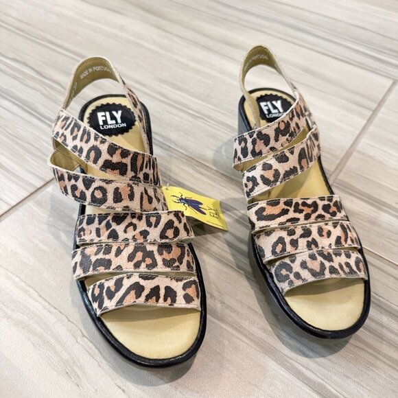 NWT Fly London Woze Leather Leopard Print Strappy Heel Sandals Comfort New 7 - Picture 2 of 9